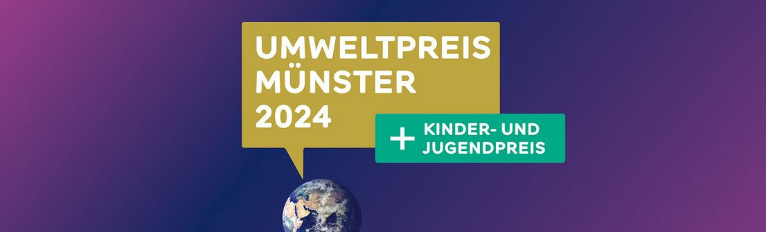 KI generiert: Das Bild bewirbt den Umweltpreis Münster 2024 und weist zusätzlich auf einen Kinder- und Jugendpreis hin. Im Hintergrund ist ein Teil der Erde zu sehen.