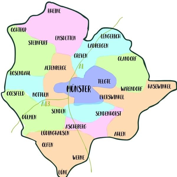 KI generiert: Bunte Karte der Region Münster und umliegender Städte. Text: Rheine, Greven, Warendorf, Ahlen, u.a.