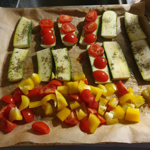 KI generiert: Auf dem Bild sind Zucchini, Tomaten und Paprika auf einem Backblech zu sehen.