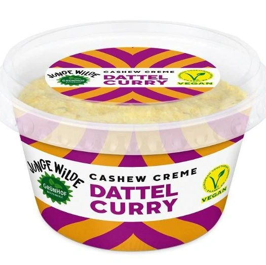 KI generiert: Verpackung von veganer Cashew-Creme "Dattel Curry" von Junge Wilde.