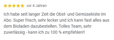 KI generiert: Bewertung einer Obst- und Gemüsekiste: "Super frisch, sehr lecker... Tolles Team, sehr zuverlässig - 100 % empfehlen!!"