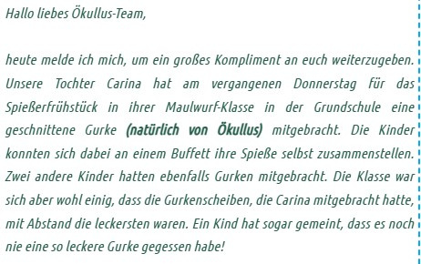 KI generiert: Ein Lob für Ökullus: Tochter brachte Gurken von Ökullus zur Schule, wurden als leckerste bewertet.