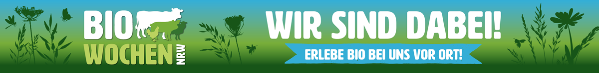KI generiert: Grüne Landschaftsgrafik mit Text: "BIO WOCHEN NRW" und "WIR SIND DABEI! ERLEBE BIO BEI UNS VOR ORT!"