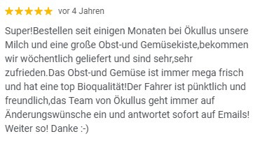 KI generiert: Kundenbewertung: Sehr zufrieden mit frischer Obst- und Gemüsekiste von Ökullus; top Bioqualität und guter Service.