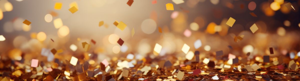 KI generiert: Goldene und bunte Konfetti schweben in der Luft über einem unscharfen Hintergrund.
