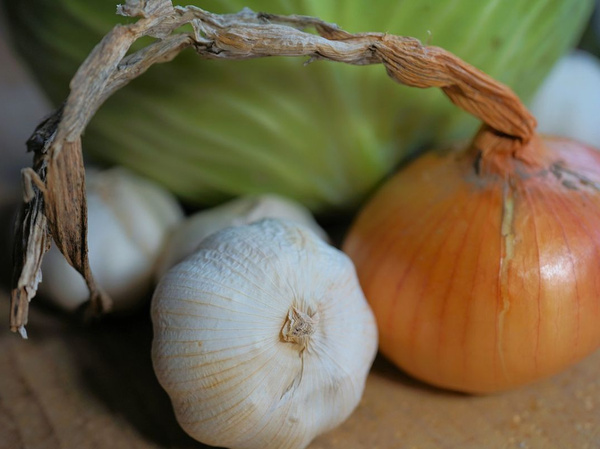 KI generiert: Das Bild zeigt eine Nahaufnahme von frischen Knoblauchknollen, einer Zwiebel und einem grünen Kohl. Die Zutaten liegen auf einer Holzoberfläche und werden von natürlichem Licht beleuchtet.