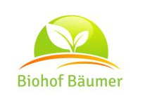 KI generiert: Logo mit grünem Blatt und Schriftzug "Biohof Bäumer".