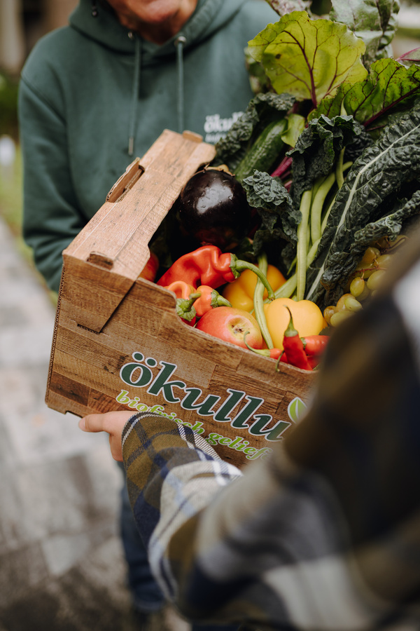 KI generiert: Holzkiste voller frisches Gemüse, jemand überreicht sie einer anderen Person. Text: "ökullus".