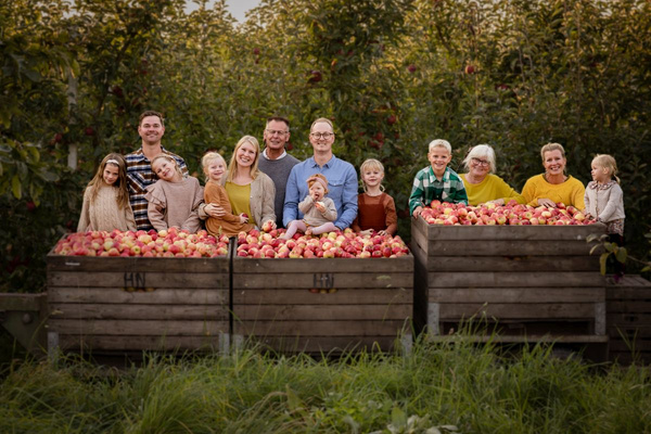 KI generiert: Das Bild zeigt eine Gruppe von Menschen, die hinter großen Kisten voller Äpfel im Freien posieren. Sie stehen auf einer Wiese, umgeben von Apfelbäumen.