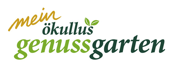 KI generiert: Logo mit Schriftzug "mein ökullus genussgarten", Blattmotiv über dem "u".