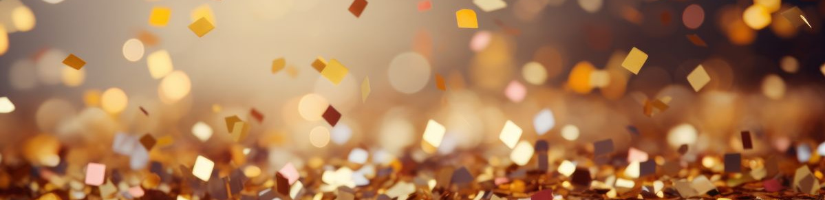 KI generiert: Schwebende, glänzende Konfetti in Gold- und Brauntönen vor einem unscharfen Hintergrund.