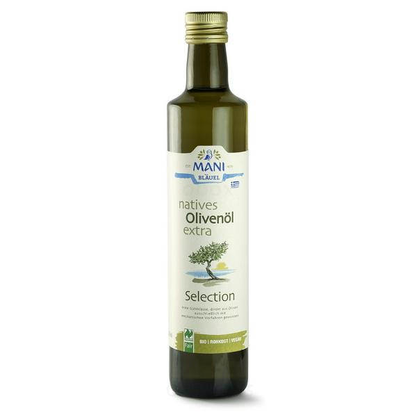 KI generiert: Eine Flasche natives Olivenöl extra von Mani Bläuel. Text: "natives Olivenöl extra Selection".