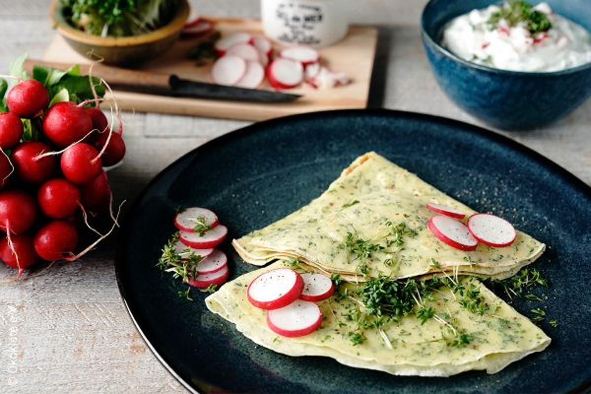 Rezept: Kresse-Pfannkuchen mit Dip (4 Portionen)