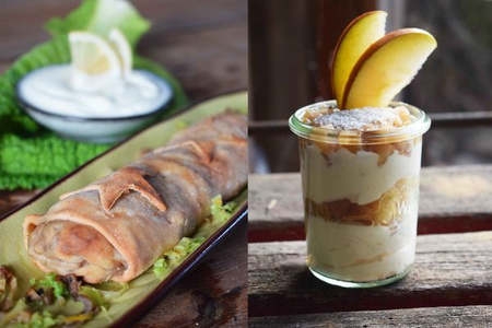 KI generiert: Das Bild zeigt zwei gastronomische Darbietungen: links einen gefüllten Teigrollen-Dish auf einem Bett aus Krautsalat und rechts ein Dessert im Glas mit Schichten aus Creme, karamellisierten Äpfeln und Apfelscheiben zur Dekoration. Beide Speisen sind ansprechend angerichtet.