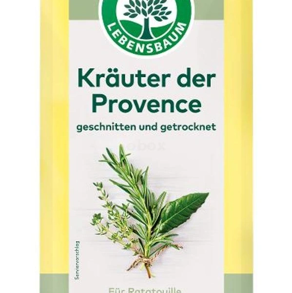 KI generiert: Verpackung von "Kräuter der Provence", mit grünen Kräutern abgebildet. Text: "Für Ratatouille".