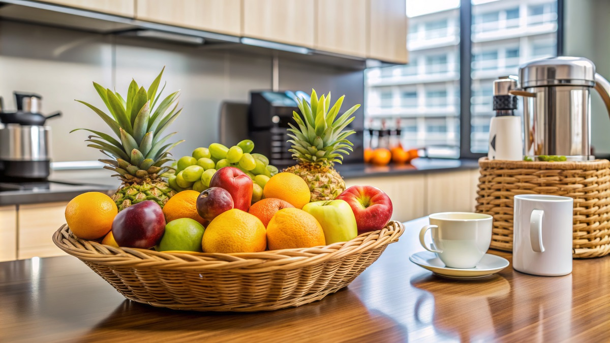 KIBürokiste mit frischem Obst und Gemüse generiert: Das Bild zeigt einen geflochtenen Korb voller frischer Früchte, darunter Ananas, Orangen und Äpfel, in einer modernen Kücheneinrichtung. Im Hintergrund stehen Kaffeetassen und eine Thermoskanne.