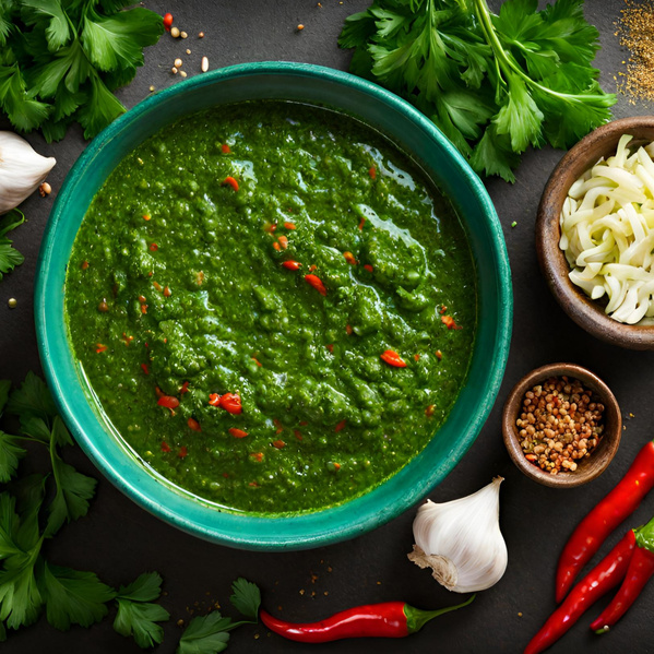 KI generiert: Eine Schüssel grünes Pesto, umgeben von frischen Kräutern und Gewürzen.