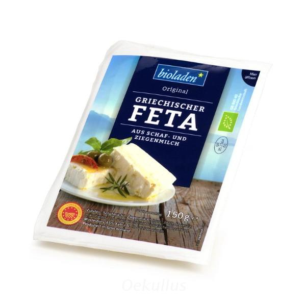 KI generiert: Verpackung von Bioladen Griechischer Feta aus Schaf- und Ziegenmilch, 150g.